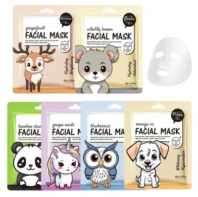 Produktbild von Tuchmasken Gesicht 6 Stück, Feuchtigkeitsspendende Gesichtsmasken Set mit Tier Cartoon Motiven, Beruhigende Feuchtigkeitsmaske für Teenager Mädchen & Frauen