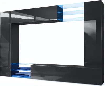 Produktbild von Vladon Wohnwand Mirage,  Germany, Anbauwand mit Rückwand mit 2 Türen, 2 Klappen und 6 offenen Glasablagen, Schwarz matt/Schwarz Hochglanz, inkl. LED-Beleuchtung (262 x 183 x 39 cm)