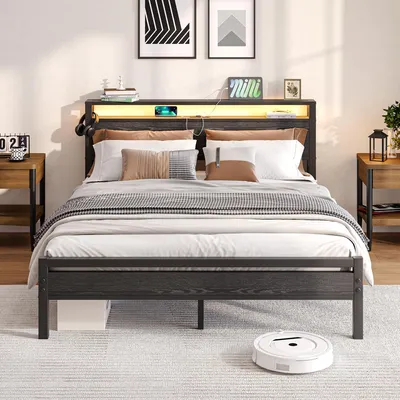 Metallbett 160x200 mit LED, USB-Ladestation, Lattenrost, schwarz