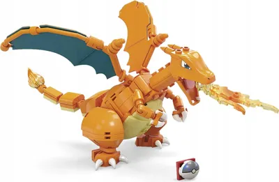A LEGO-like model of Charizard, a Pokemon character, breathing fire.