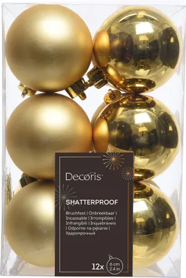 Produktbild von Weihnachtsbaumkugeln Set 12 Stück Ø 6 cm hellgold bruchsicher Kunststoff glanz matt Mix ohne Aufhänger ideal für Christbaum und Winterdekoration