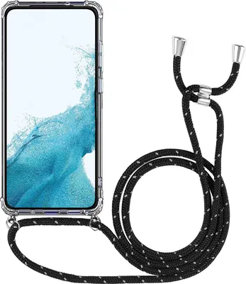 A clear product shot of a phone case with a lanyard attached, isolated on a white background.
