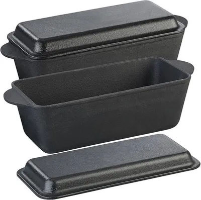 Imagen del producto de Molde para pan con tapa: Juego de 2 moldes de hierro fundido con tapa, 25 x 12 x 9 cm, juego de 2 (molde de hierro fundido para hornear, recipiente para horno, para la parrilla)