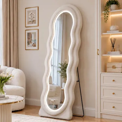 Imagen del producto de INONEFT Espejo de cuerpo completo ondulado, 150 x 45 cm, espejo de pie de alta resolución con LED y soporte de metal, 3 niveles de brillo, espejo de maquillaje, blanco