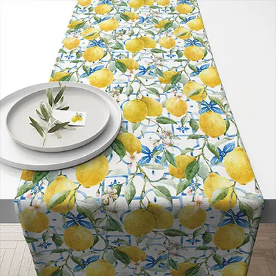 Produktbild von Tischläufer Baumwolle 40cm x 1,5m mit Zitronen Muster Gelb / Weiß