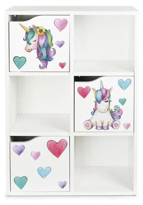 Produktbild von Bayagu Kinderregal Weiß mit 6 Ablagen aus Holz Bücherregal für Spielzeug Einhorn