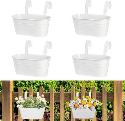 Immagine prodotto di Fioriera sospesa in metallo da 27 cm, bianca, con sistema di drenaggio, per balcone