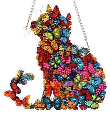 Produktbild von Diamond Art Painting Anhänger Katze Schmetterling Fensterbild Hängendes Ornament Basteln Tür Wand Deko S273