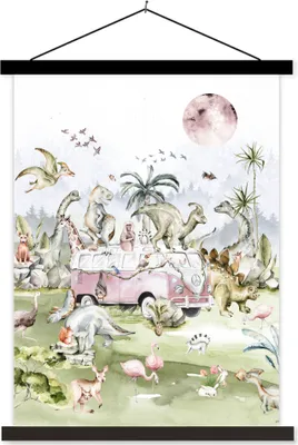 Produktbild von MuchoWow® Textilposter Dinosaurier - Kinder - Bus - Bäume - Tiere - Kinder 40x53 cm mit schwarzem Rahmen - Abbildung