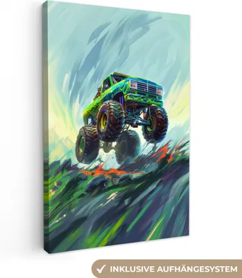 Produktbild von MuchoWow® - Leinwandbilder - Monstertruck - Auto - Jungen - Grün, Wandbild, Wanddeko Bilder Wohnzimmer, 60x90 cm