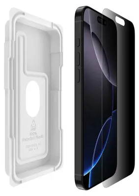 A white plastic tray for installing a screen protector next to a smartphone with a privacy screen protector applied.