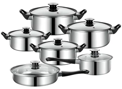 Produktbild von Topfset 12-teilig Edelstahl Kochtopfset Kochtöpfe Töpfe mit Glasdeckel Silber Kochgeschirr Durchmesser 16 18 20 21.8 24cm Retoo