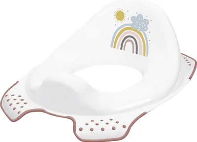 A white child's toilet seat with a rainbow and sun graphic.