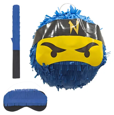Produktbild von Relaxdays Pinata Ninja, mit Stab & Maske, Partypinata Kinder, für Geburtstag, Schlagpinata zum Befüllen, Ø 25 cm, blau