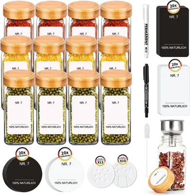 Produktbild von SAEIV Gewürzdosen-Set 12 Gläser 80 Etiketten Bambus-Deckel 120ml-Glas