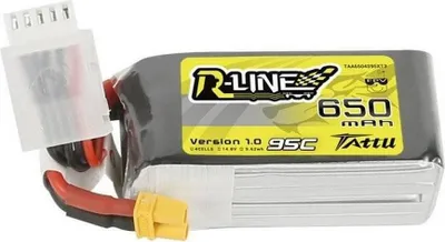 A close-up shot of a Tattu R-Line LiPo battery.