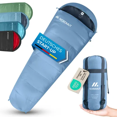 Produktbild von NORDMUT® Sommerschlafsack Ultraleicht mit kleinem Packmaß [850g] Komfortabler Schlafsack Sommer – Sleeping Bag koppelbar - Mumienschlafsack wasserfest [100 GSM] ideal für Outdoor & Camping