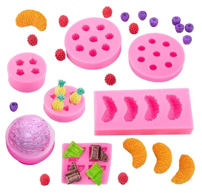 Produktbild von Fruchtförmige Geleeformen 7 Stück Silikon 3D Ananas Orange Erdbeere für Fondant Seife Kuchen Kerzen