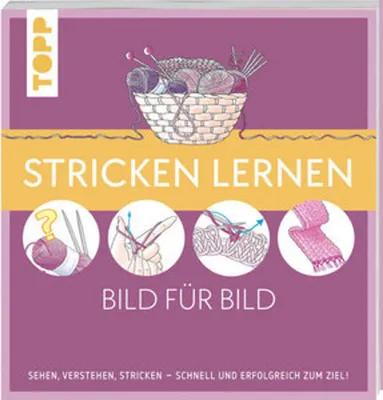 Cover of a book about learning to knit, with illustrations showing different steps.