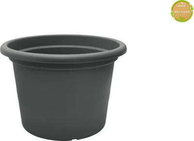 A dark gray plastic planter pot is shown against a white background. A circular green and yellow badge indicating 'Made from recycled materials' is in the upper right corner.