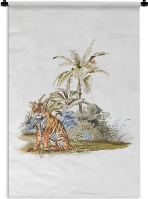 Produktbild von MuchoWow® Wandteppich Wandbehang Tiger - Pflanzen - Weiß 60x90 cm Tapisserie Dekoration Wandtuch - Foto-Teppich - Abwaschbar