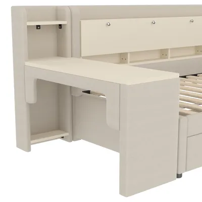 Produktbild von Flieks Polsterbett 90x200cm mit Schreibtisch, Tagesbett Schlafsofa mit Usb und Type-c, Einzelbett Stauraumbett mit Stauraum, Leinen, Beige