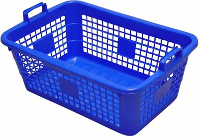 A blue plastic laundry basket is shown against a white background.