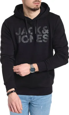 Produktbild von Jack & Jones Hoodie Herren Kapuzenpullover Print Pullover Sweatshirt mit Kapuze, 840-Black/Black-S