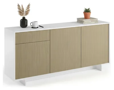 Produktbild von Sideboard Agrifoglio, Wohnzimmer-Sideboard, Wohnzimmer-Buffet mit 3 Türen und 1 Schublade, 100 %  Italy, 170 x 42 x 78 cm, Weiß und Eiche