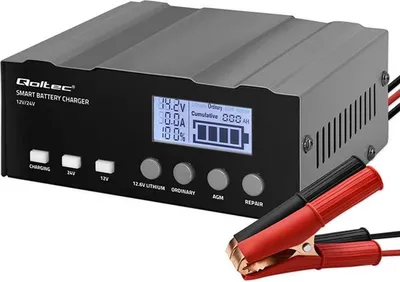 Obrázek produktu pro Inteligentní nabíječka Qoltec s mikroprocesorem 12V | 12,6V | 24V | Usměrňovač s funkcí opravy pro AGM GEL LiFePO4 baterie | LCD displej