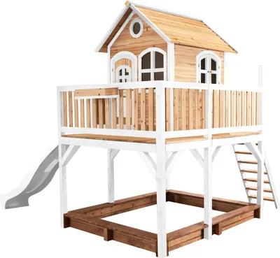 Image de AXI Maison de jeu Liam avec bac à sable & toboggan blanc | Maison sur pilotis XXL en bois brun & blanc pour enfants | Tour de jeu avec toboggan ondulé pour le