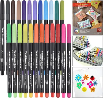 Image de Kit de feutres textiles, 24 couleurs résistantes au lavage, pour des marquages permanents sur les tissus