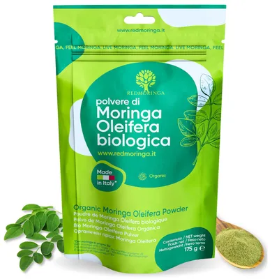 Immagine prodotto di RedMoringa Moringa Oleifera Biologica in Polvere con Proteine 30%, Vitamine A, B, C - 9 Amminoacidi, Calcio e Minerali |  Italy 175 g