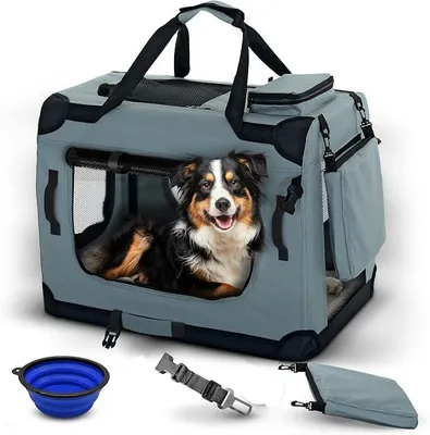 Image de Cage de transport pour chien, pliable et robuste, pour voiture et voyages, 70x52x50 cm. Cage de transport respirante, sac de transport pour chiens et chats, boîte en tissu, sac à main, couleur grise