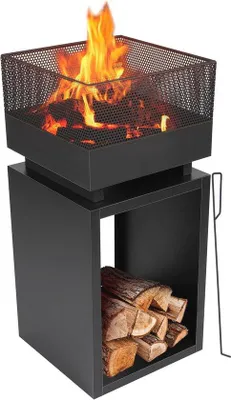 Produktbild von Famanu Feuerkorb mit Funkenfänger - Robuste Feuerstelle mit Schürhaken und Holzlager für Garten und Terrasse