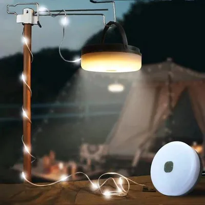 Zdjęcie produktu dla Lampa kempingowa na energię słoneczną o zasięgu 12 metrów, biała, wodoodporna (IP44), z pilotem