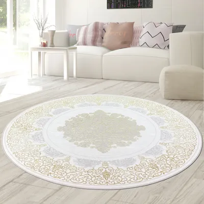 Produktbild von Orientalischer Designerteppich mit Ornament in weiß gold grau Größe - 160 cm Rund