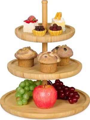 Produktbild von Relaxdays Etagere Bambus, HxD: 25 x 30 cm,  3-stöckige Obstetagere, Ablage von Gebäck, Snacks, Nüssen, Obstteller, natur