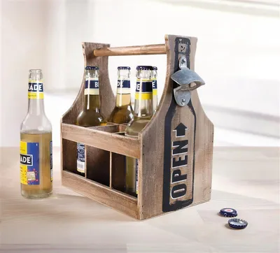 Produktbild von Flaschenträger aus Holz für 6 Bierflaschen, mit Öffner im Shabby Look, Männerhandtasche, Bierträger