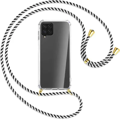 Produktbild von Handykette Backcover-Schutzhülle mit Band (Metall goldfarben) für Samsung Galaxy A22 4G (A225) - schwarz/weiß gestreift
