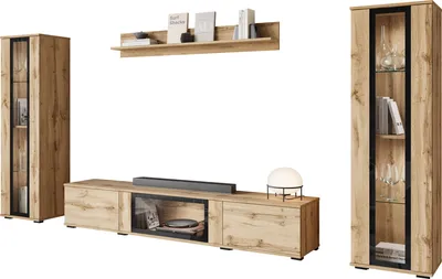 Produktbild von MIRJAN24 Wohnwand Caro, TV-Möbel, Große Anbauwand, Schrankwand, Wohnzimmer-Set (Farbe: Wotan, mit weißer LED Beleuchtung)