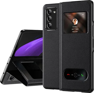 Image de Etui mince en cuir pour Samsung Galaxy Z Fold 2 5G, avec fenêtre d'affichage et fonction stand Noir litchi