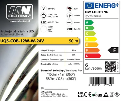 Zdjęcie produktu dla Taśma LED COB 12 W 6500 K 50 m IP20 24 V CRI>90