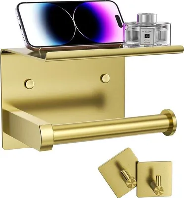 Produktbild von Toilettaschenhalter für Wandmontage mit Holz und Haken für Handtücher - Edelstahl in gebürstetem Gold
