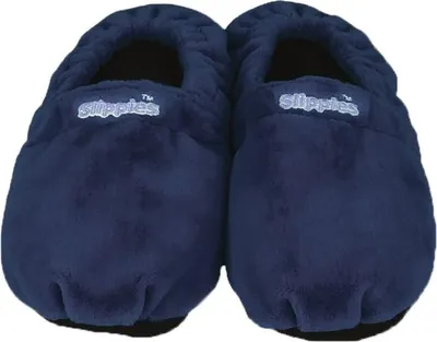 A pair of navy blue slippers shown from the front.