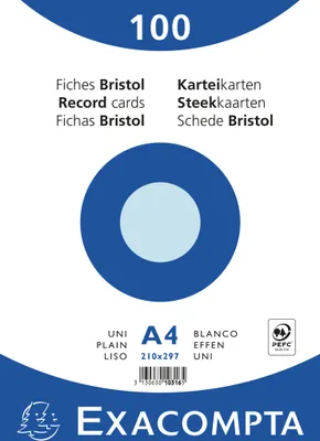 Image de Exacompta 10x 100 fiches bristol uni non perforé 210x297mm Bleu 10316E