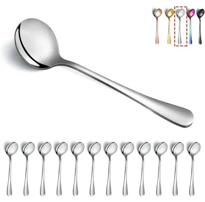 Immagine prodotto di Cucchiai da zuppa in acciaio inossidabile, set da 12 pezzi, forma rotonda, adatti al lavaggio in lavastoviglie, colore argento