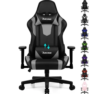 Produktbild von Adormii Gaming Stuhl,Gaming Chair mit verstellbare Lendenkissen,Kopfkissen und Armlehnen,Ergonomischer Gamer Stuhl gepolstert,Gaming Stuhl 150kg, Grau