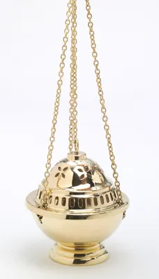 Produktbild von Weihrauchfass mit Kette zum Hängen aus Messing Gold poliert Höhe 14 cm mit Innenschale aus Stahl für die Räucherkohle