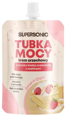 Produktbild von SUPERSONIC Tube der Kraft Weiße Schokolade & Himbeere 6 × 50 g – Nusscreme in der Tube mit 5 B-Vitaminen, ohne Zuckerzusatz